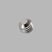 Small metal set screw with flat top and threaded cylindrical shaft.