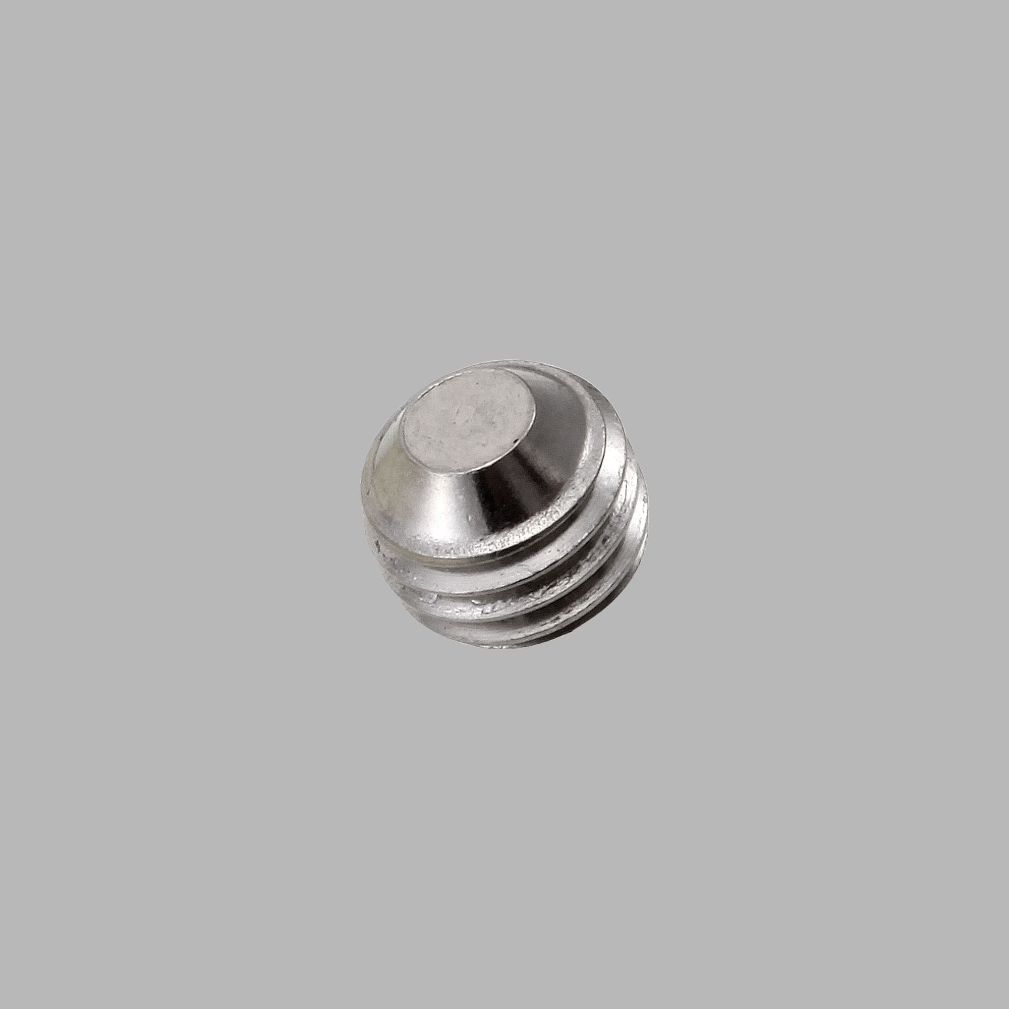 Small metal set screw with flat top and threaded cylindrical shaft.
