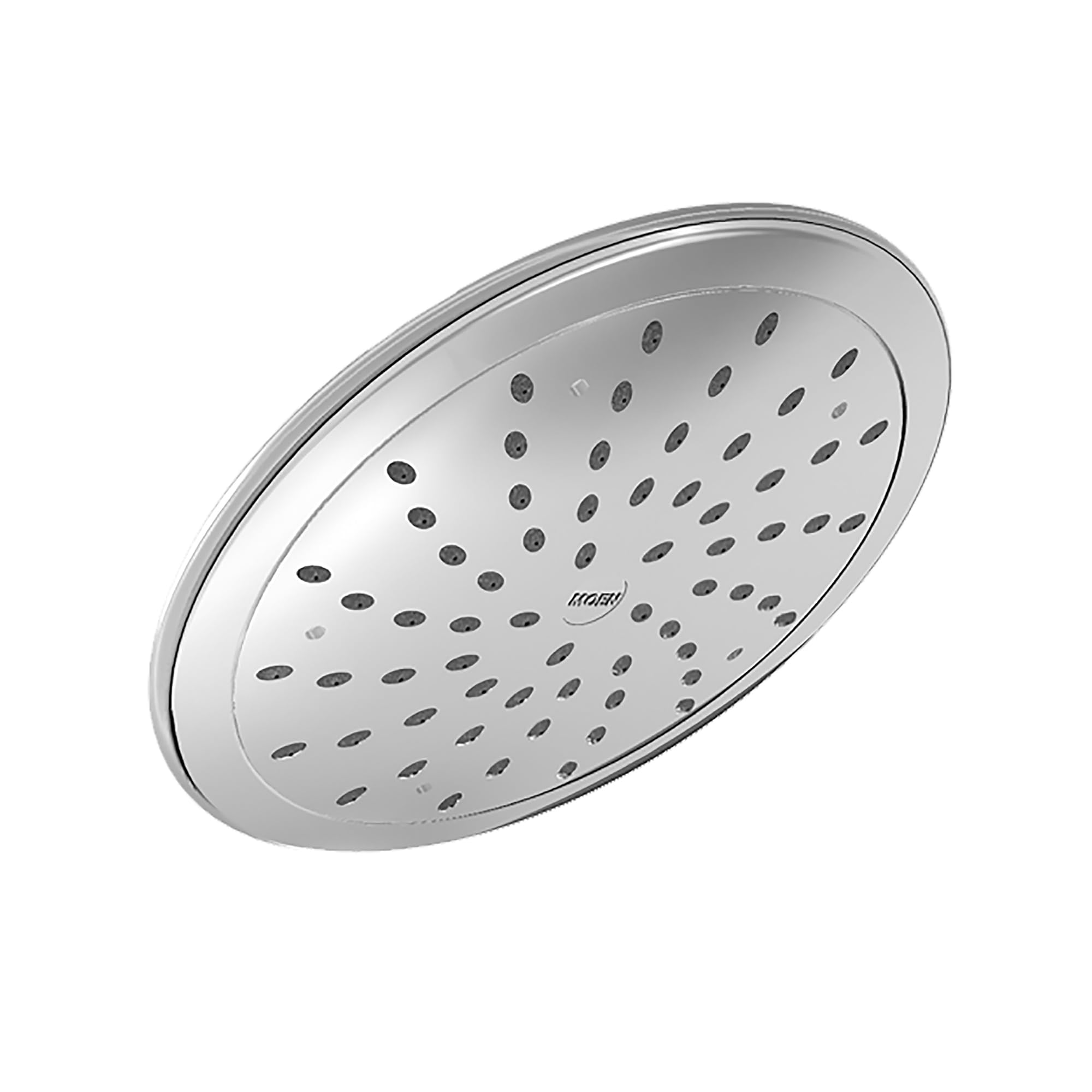 Chrome rain shower head with 8-inch round face and multiple spray jets evenly distributed across surface.