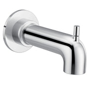 Chrome tub spout with curved outlet and diverter lever, wall-mounted with circular escutcheon plate.
