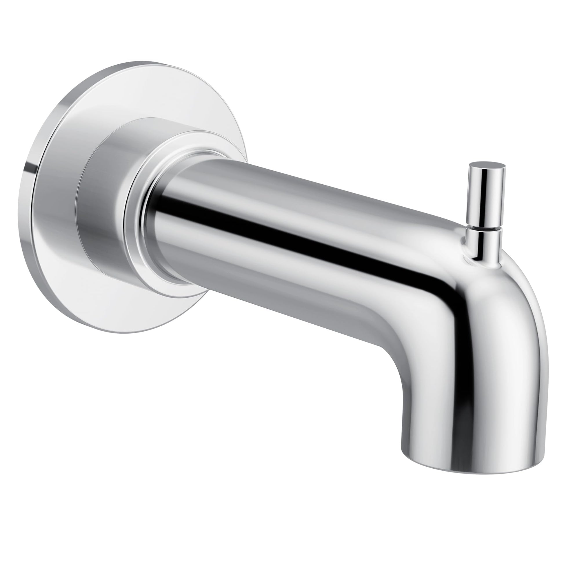 Chrome tub spout with curved outlet and diverter lever, wall-mounted with circular escutcheon plate.