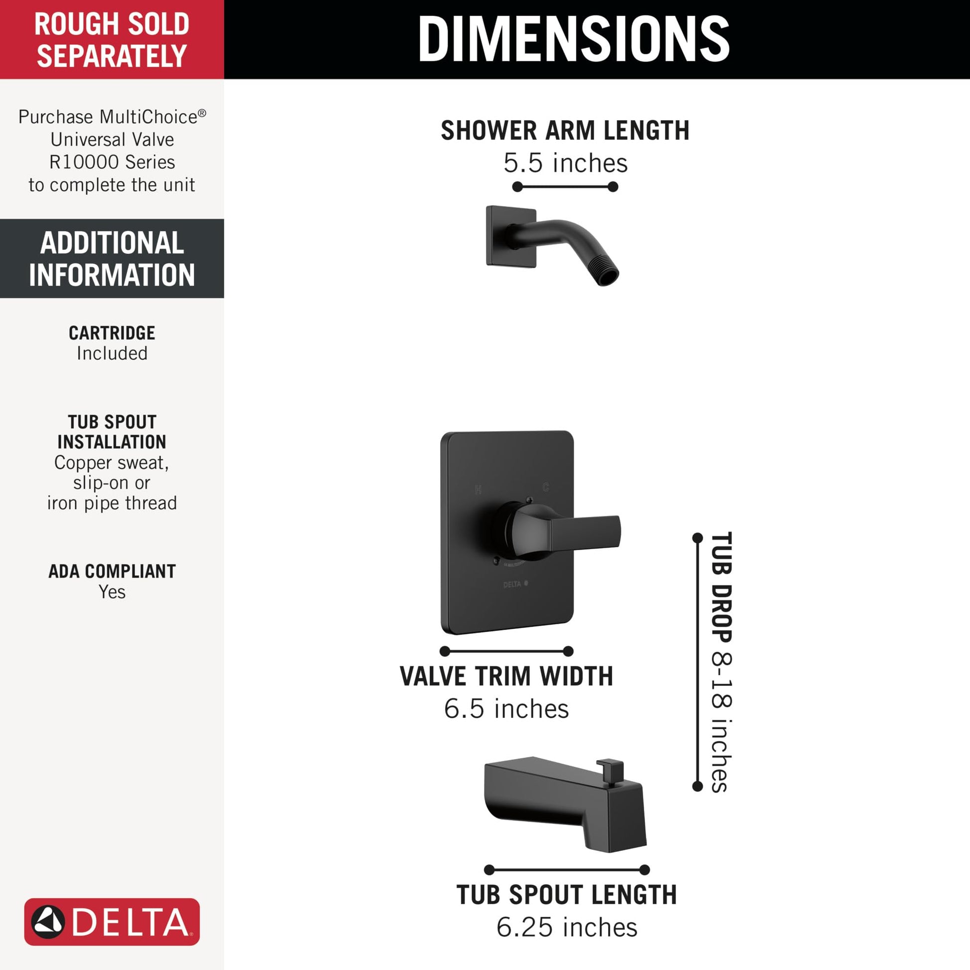 Matte black tub and shower valve trim with curved shower arm, rectangular escutcheon, and tub spout, dimensions labeled.