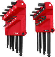 Two red plastic organizers displaying 22 black ball end hex keys in various sizes arranged on tiered shelves.