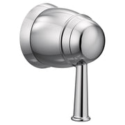 Chrome shower valve trim with spherical handle and cylindrical wall-mounted escutcheon plate.