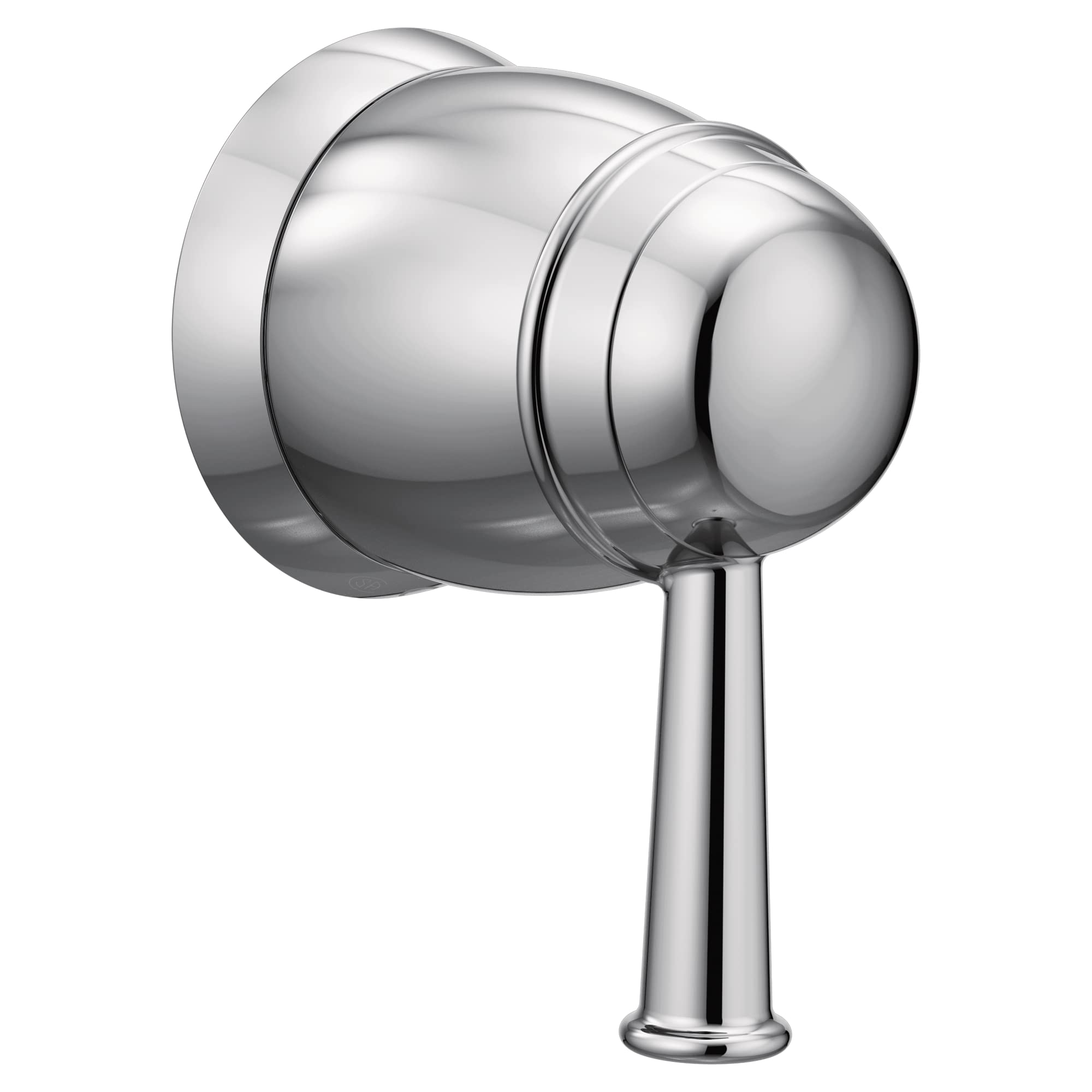Chrome shower valve trim with spherical handle and cylindrical wall-mounted escutcheon plate.