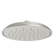Satin nickel rainfall shower head with large round face and multiple spray nozzles.