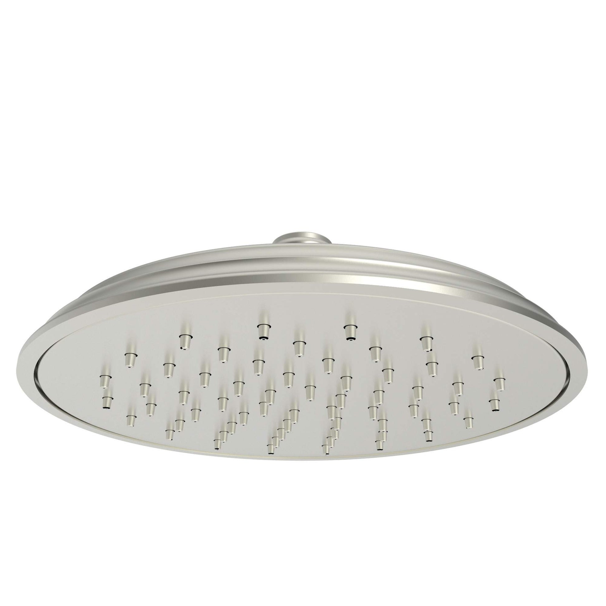 Satin nickel rainfall shower head with large round face and multiple spray nozzles.