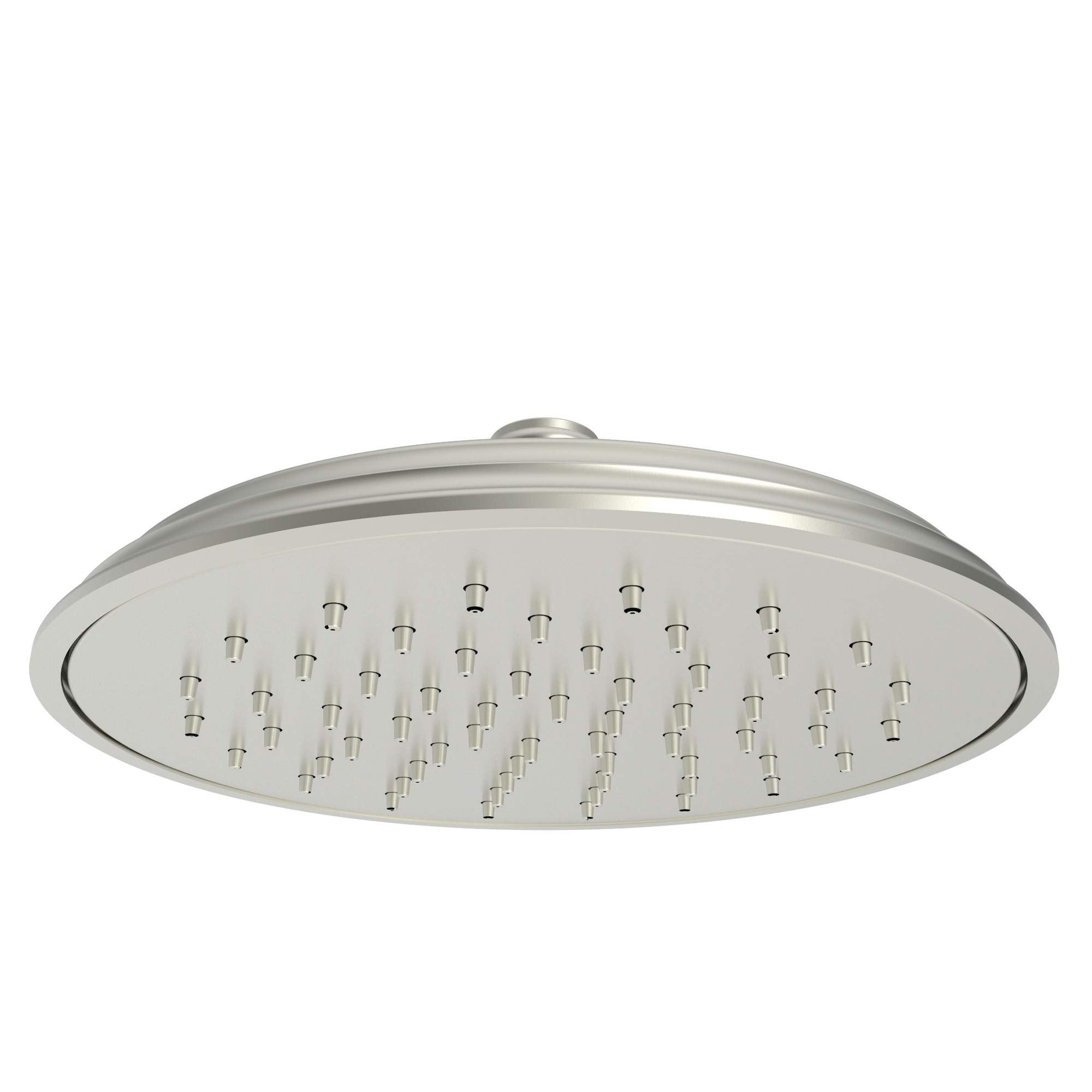 Satin nickel rainfall shower head with large round face and multiple spray nozzles.
