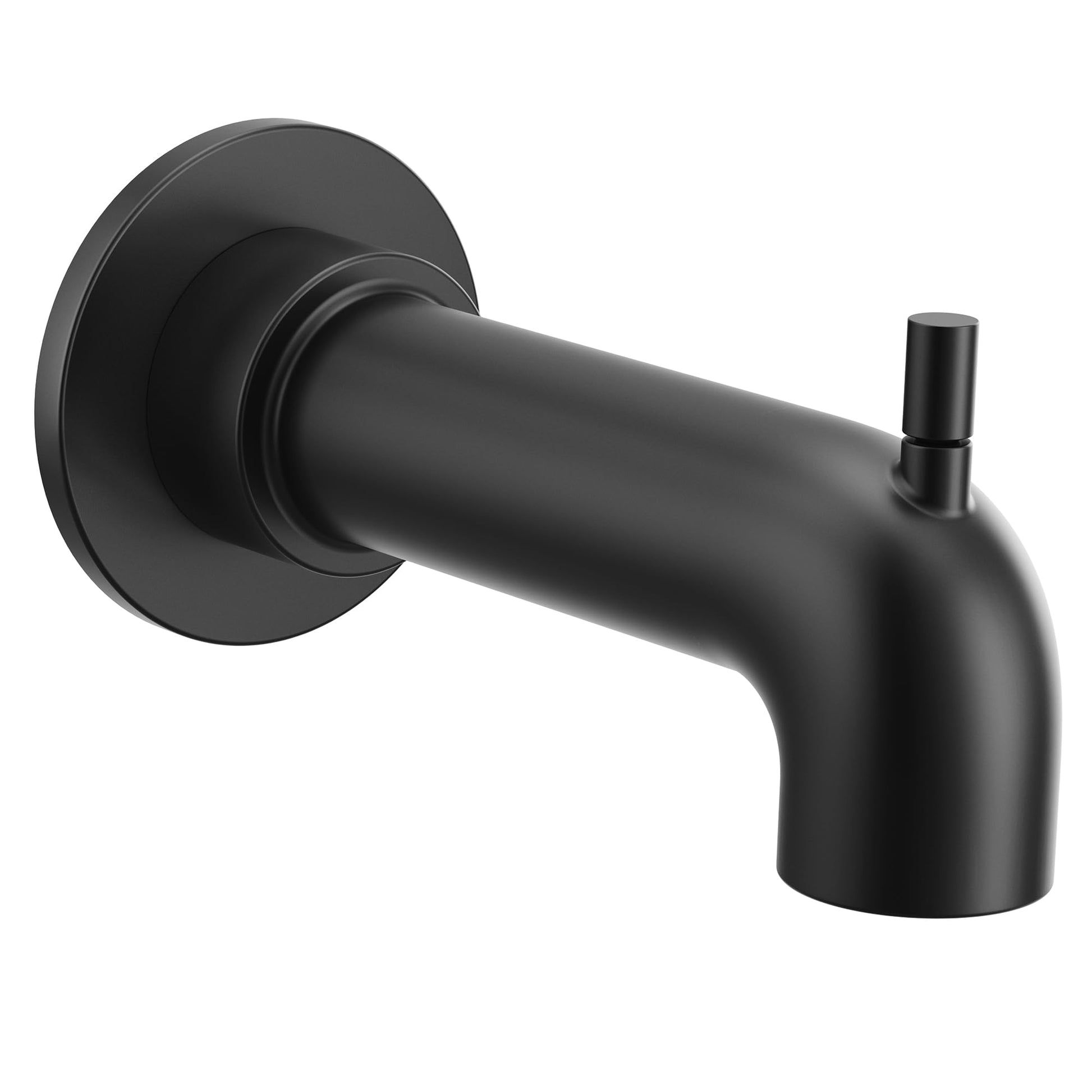 Matte black curved tub spout with diverter lever and round wall escutcheon.