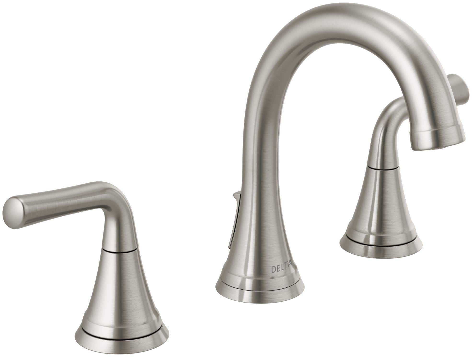 Brushed stainless steel bathroom faucet with curved center spout and two separate lever handles.