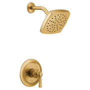 Brushed gold shower trim kit with single lever handle, square showerhead with perforations, and curved arm.