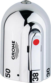 Chrome temperature control handle with white rounded body, red indicator dot, and black accents labeled with Grohe branding a
