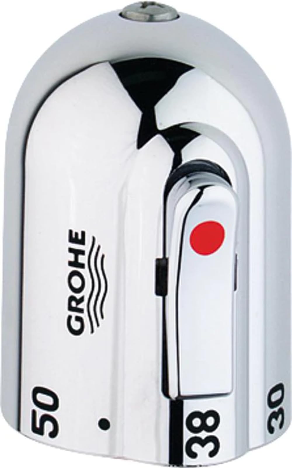 Chrome temperature control handle with white rounded body, red indicator dot, and black accents labeled with Grohe branding a