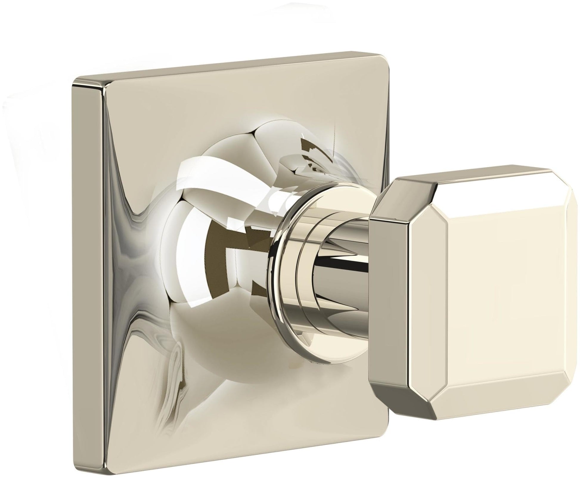 Polished nickel robe hook with curved arm mounted on square wall plate with rounded corners.