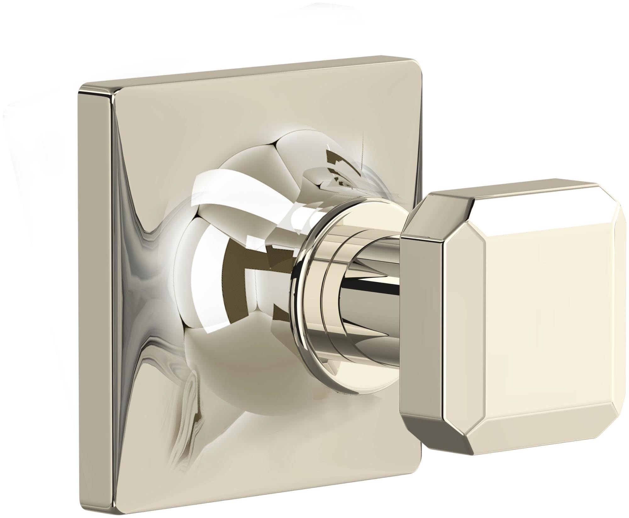 Polished nickel robe hook with curved arm mounted on square wall plate with rounded corners.