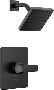 Matte black shower trim with square showerhead with multiple spray holes and curved arm, plus control valve plate with lever 
