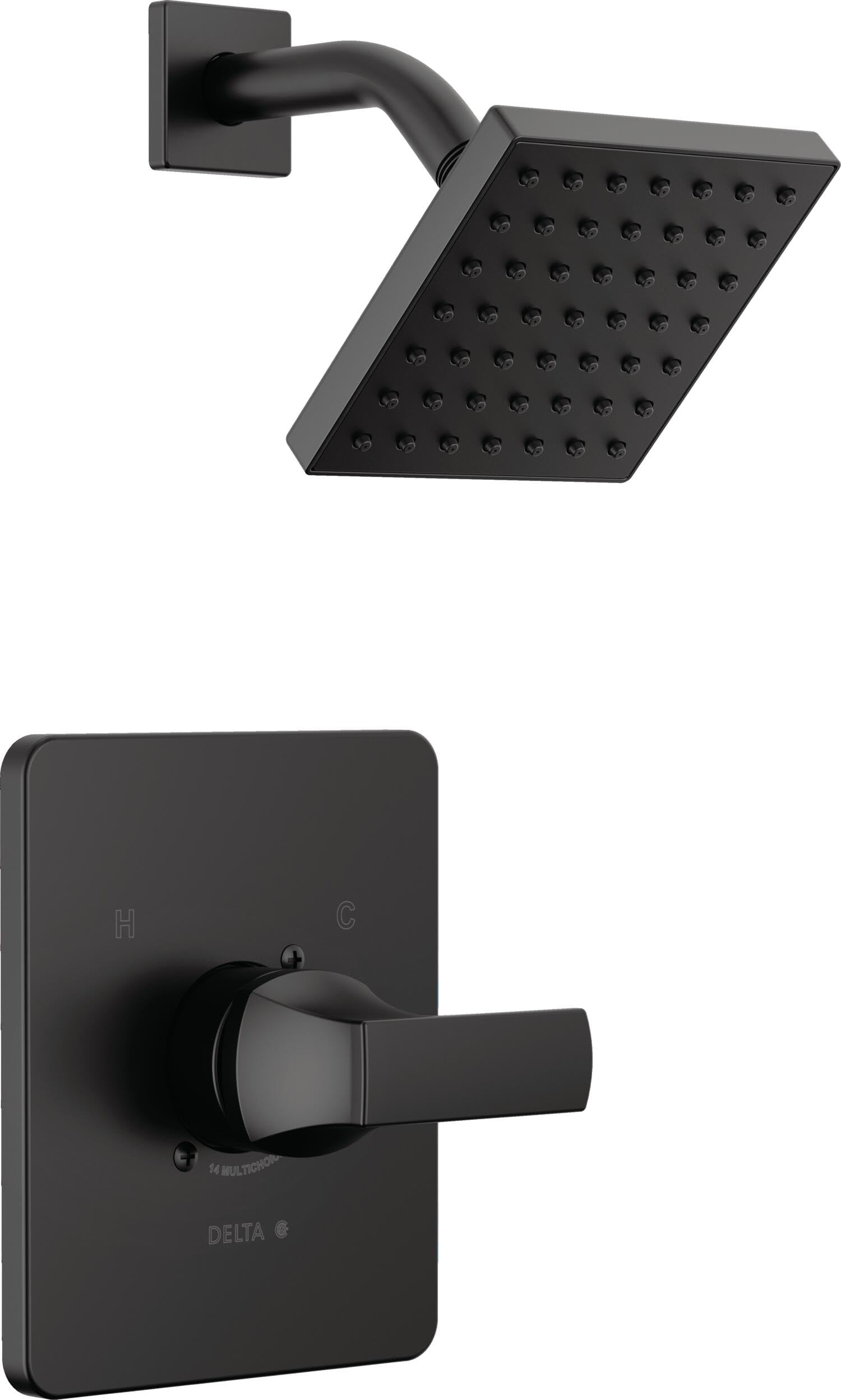 Matte black shower trim with square showerhead with multiple spray holes and curved arm, plus control valve plate with lever 