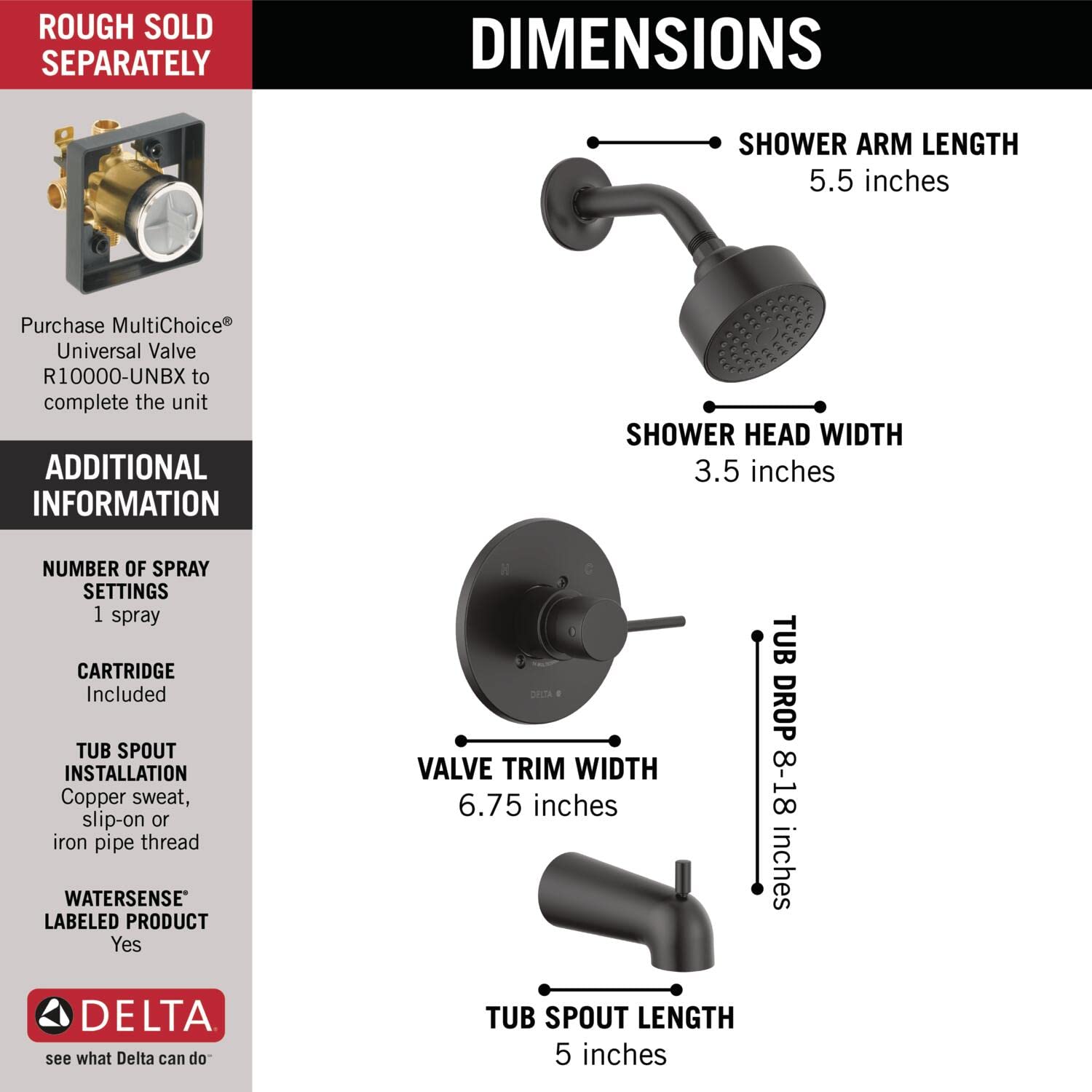Matte black tub and shower trim with round showerhead, valve trim, and tub spout showing dimensions and specifications.