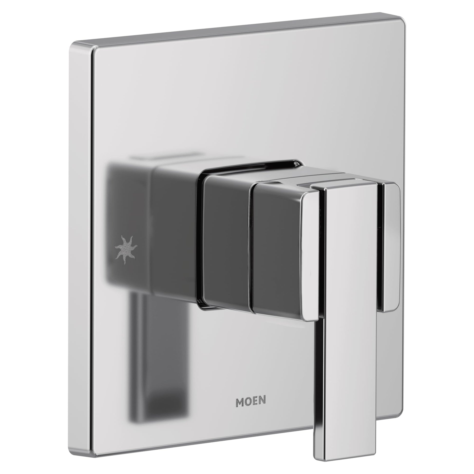 Chrome valve trim kit with square escutcheon plate and single angular handle lever in 90 degree design.