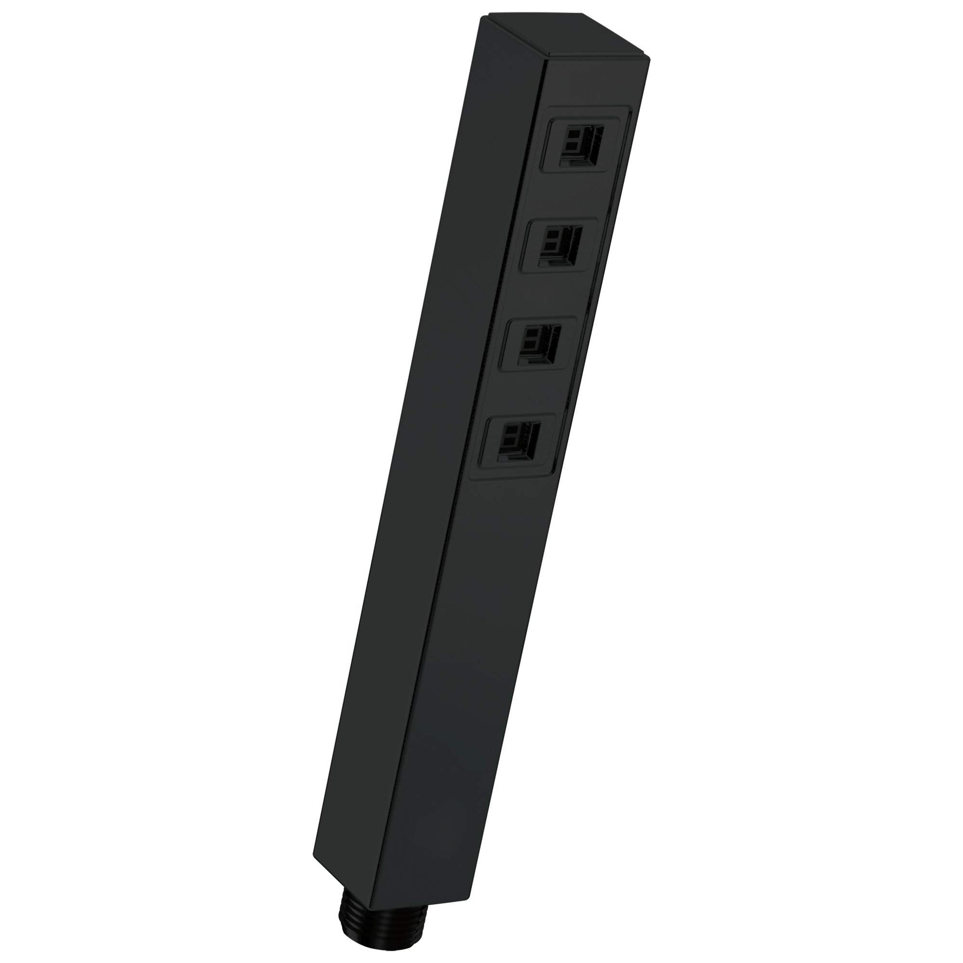 Square black hand shower head with four control buttons mounted vertically on the body.