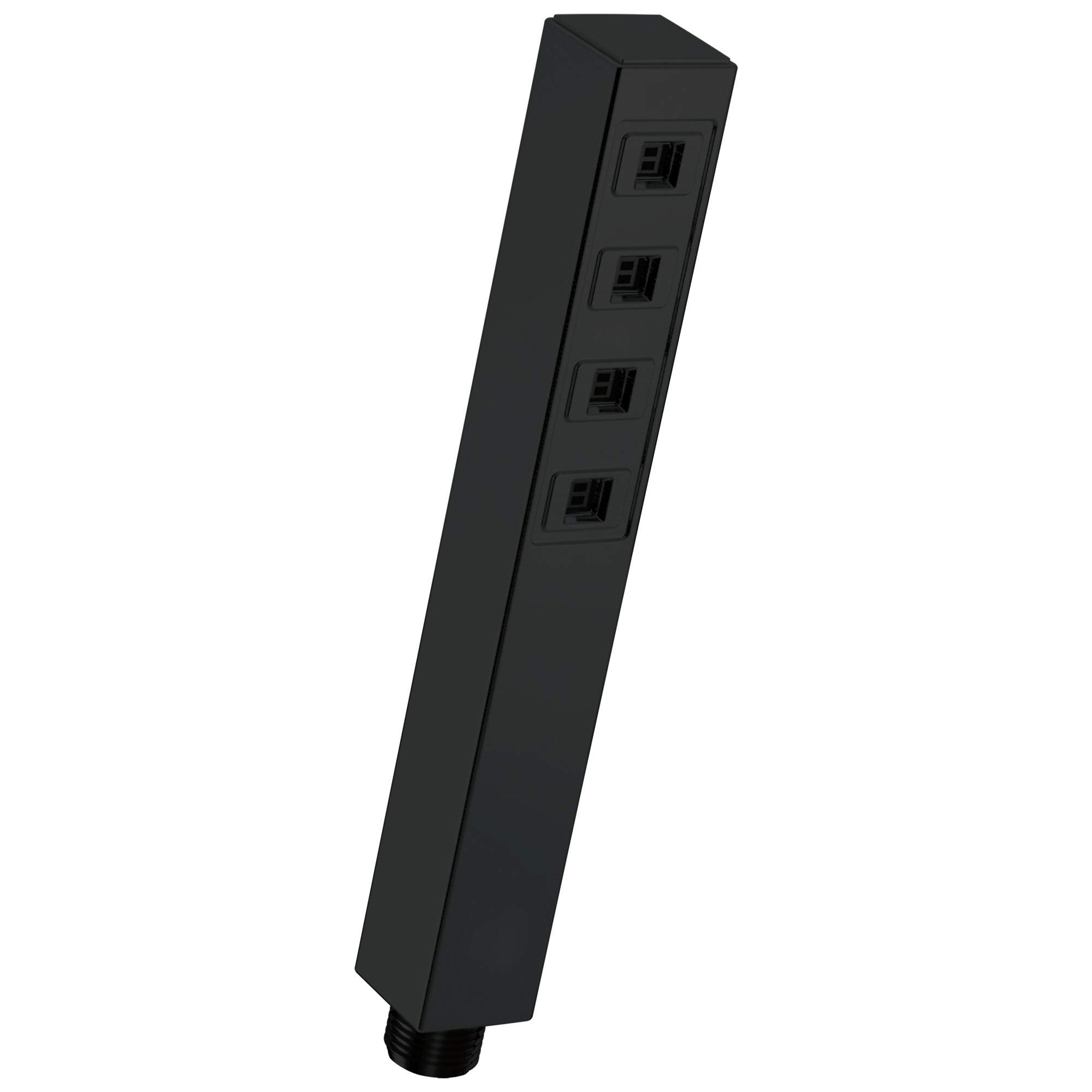 Square black hand shower head with four control buttons mounted vertically on the body.