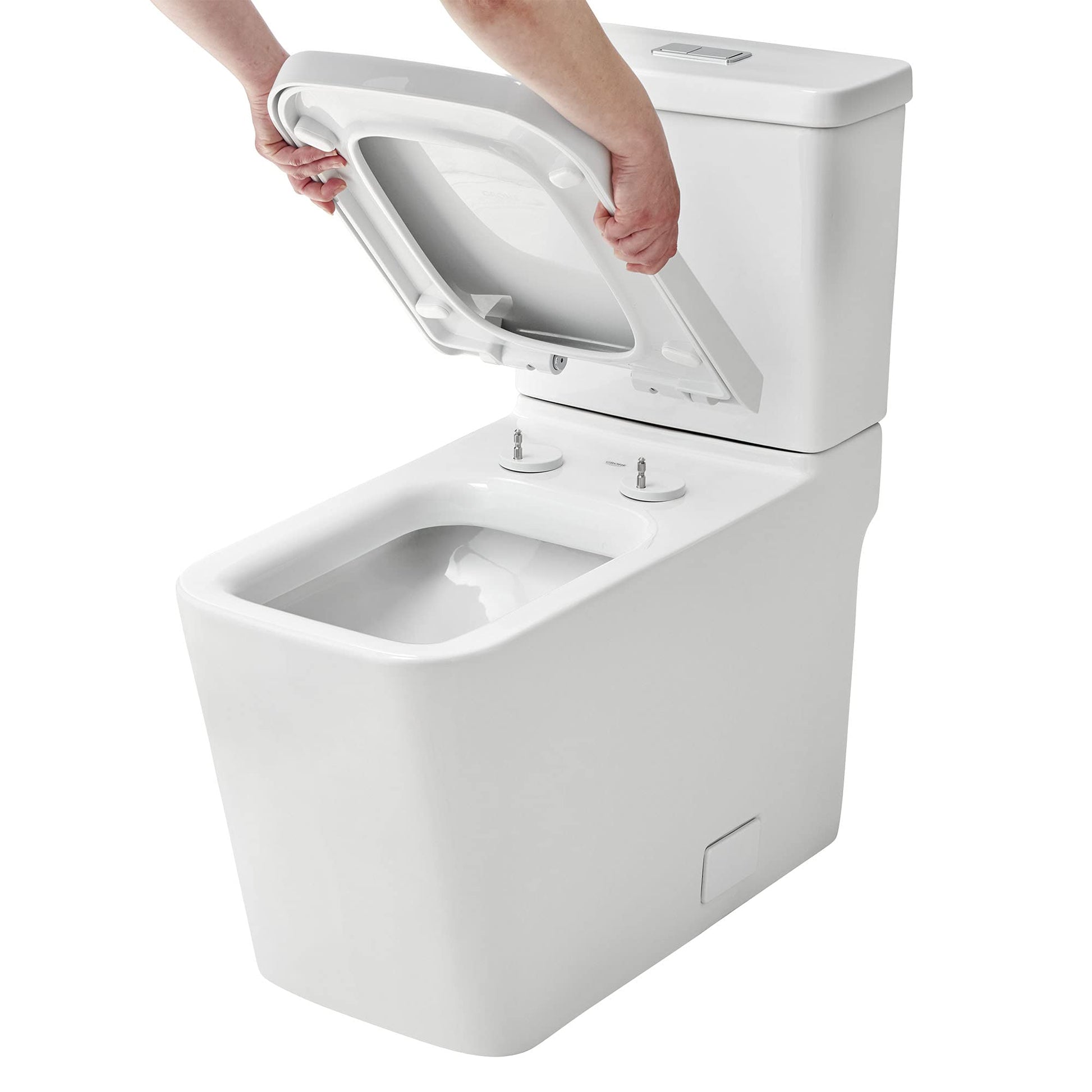 White elongated toilet bowl with seat lid open, showing interior bowl and tank with dual controls.
