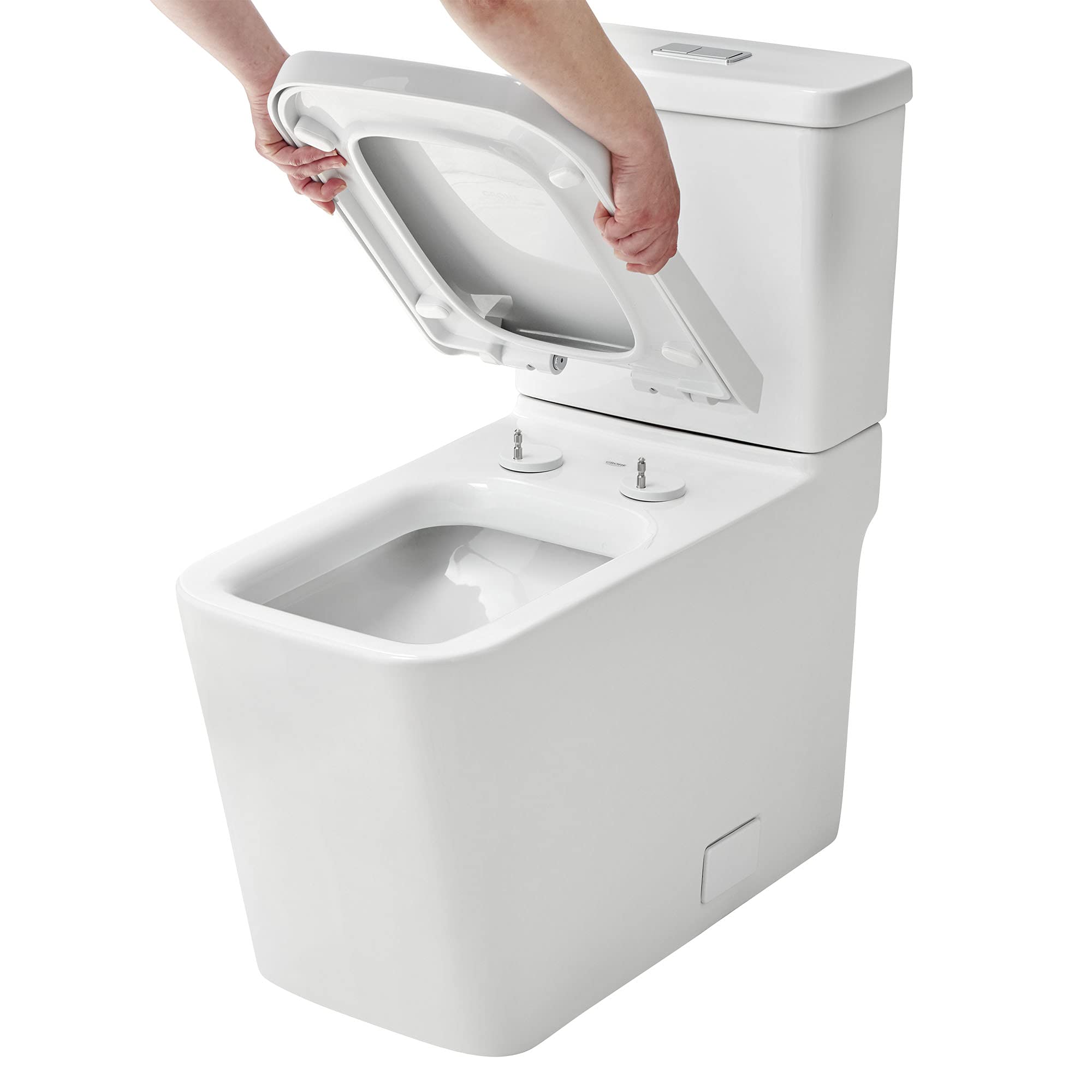 White elongated toilet bowl with seat lid open, showing interior bowl and tank with dual controls.