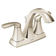 Polished nickel two-handle bathroom faucet with high arc spout and geometric base design.