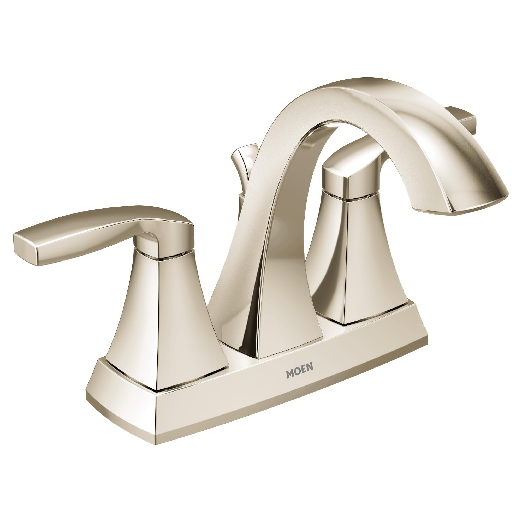 Polished nickel two-handle bathroom faucet with high arc spout and geometric base design.