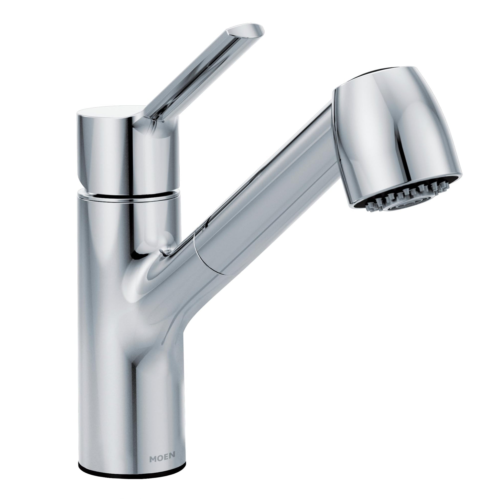 Chrome single-handle pullout kitchen faucet with cylindrical body and detachable spray head.