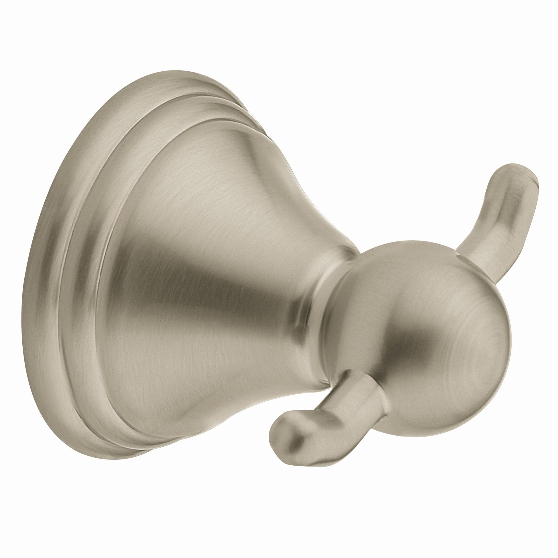 Brushed nickel double robe hook with two curved arms extending from a rounded backplate.