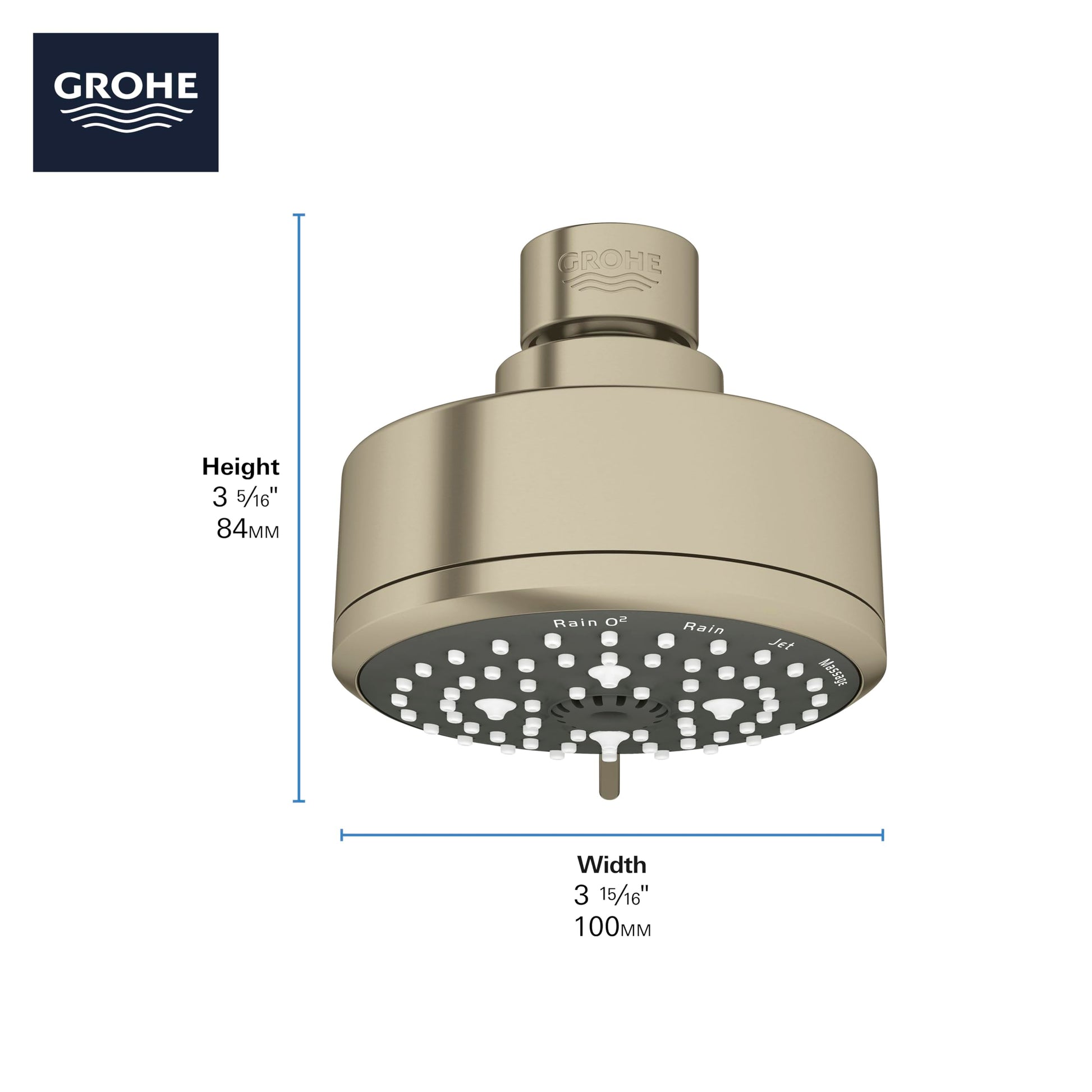 Grohe brushed nickel round shower head with perforated spray face and adjustable settings, 3.15" width and 3.56" height.