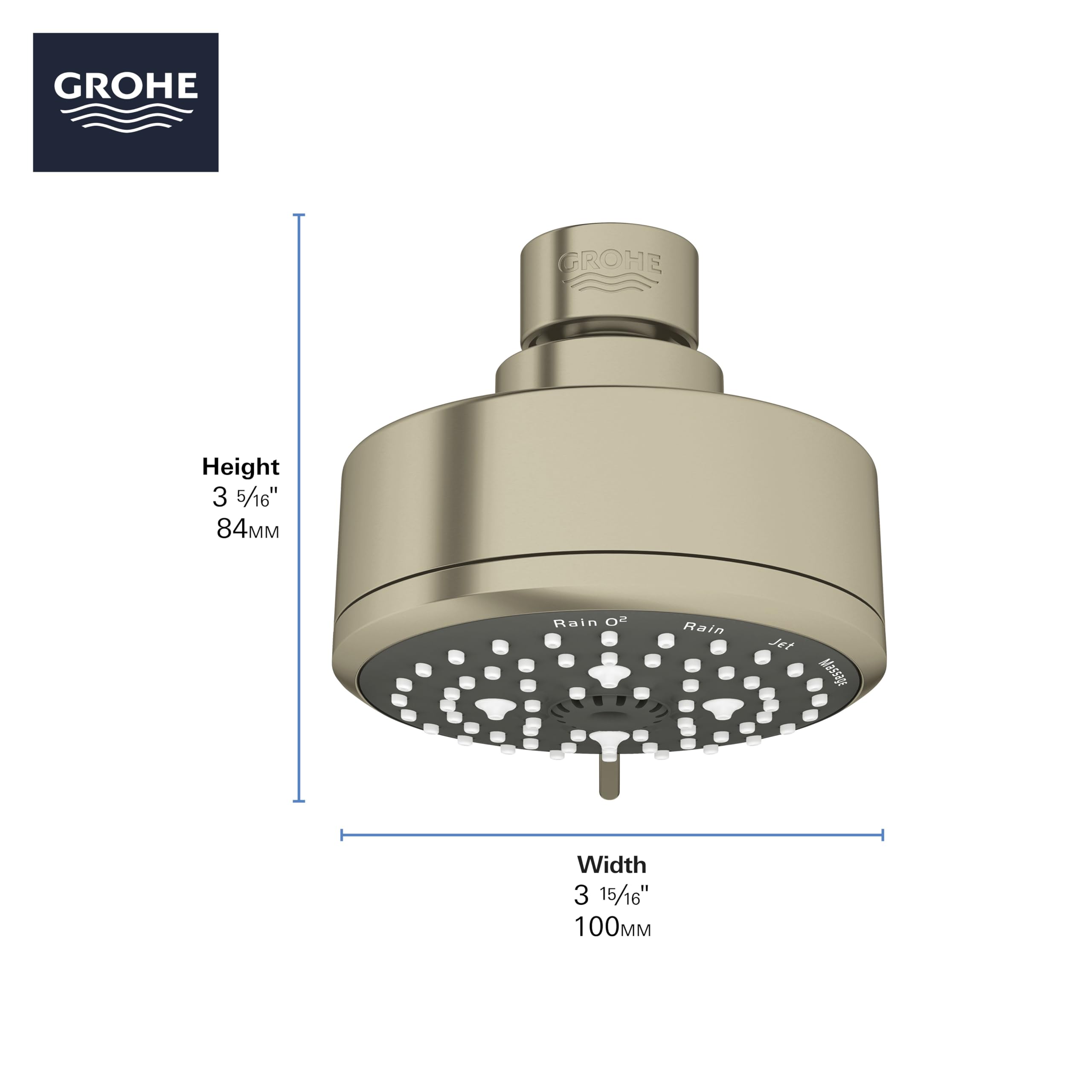 Grohe brushed nickel round shower head with perforated spray face and adjustable settings, 3.15" width and 3.56" height.