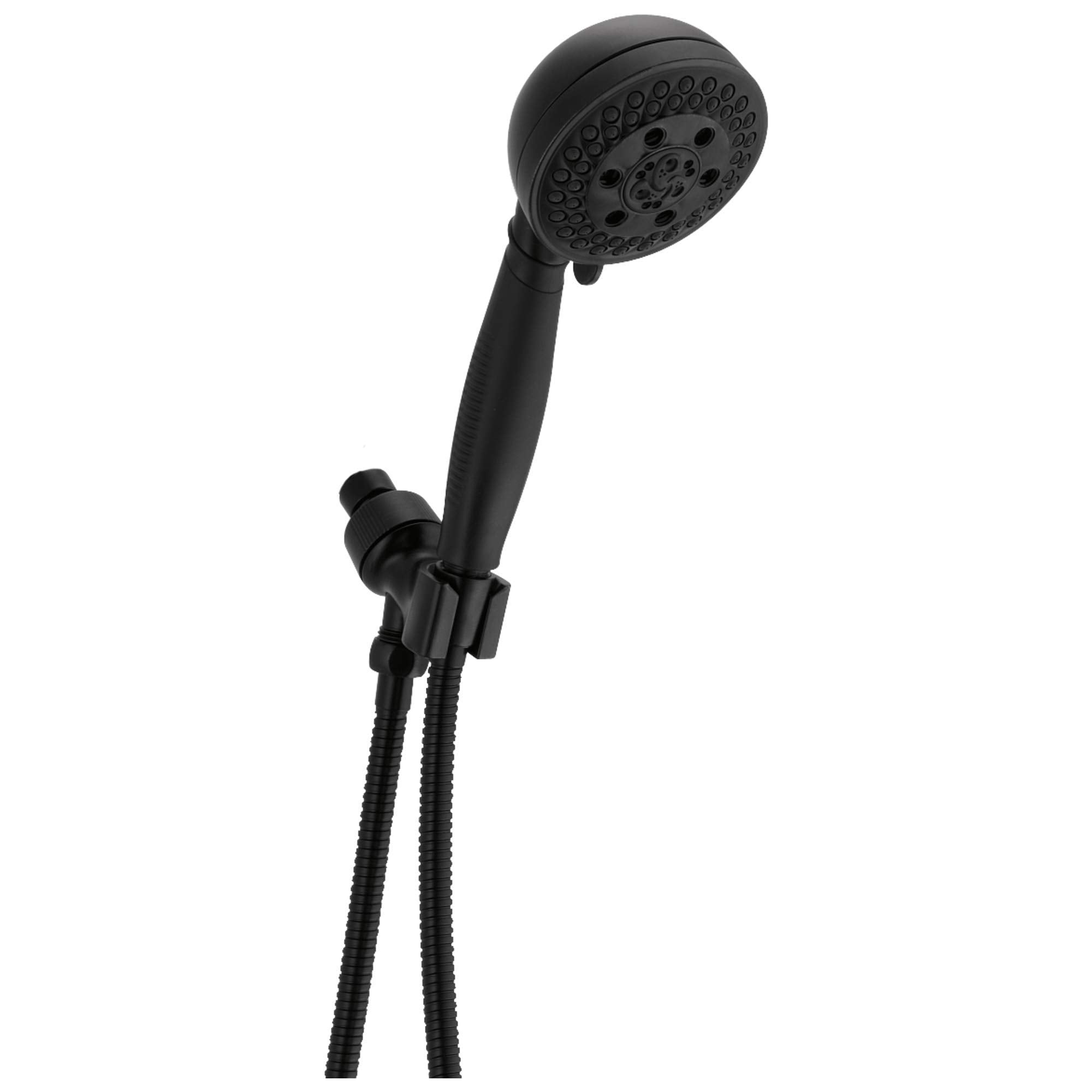Black hand shower head with multiple spray holes, mounted on adjustable bracket with flexible hose attachment.