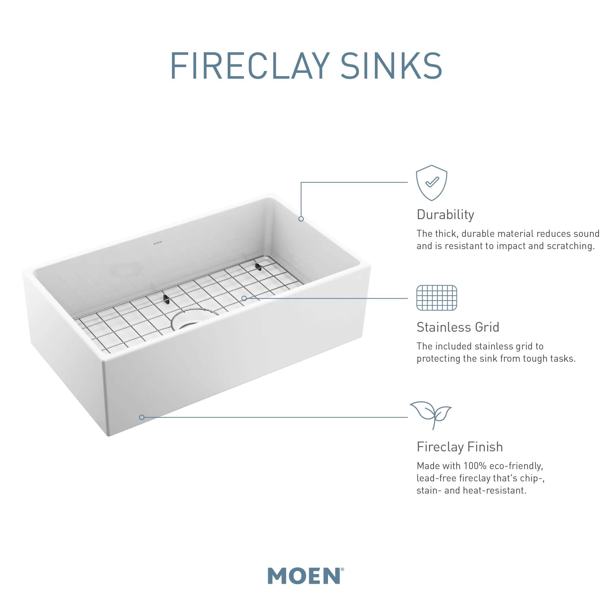 Moen Apron Front Fireclay Single Bowl Undermount Kitchen Sink 33" White in White - FC331910