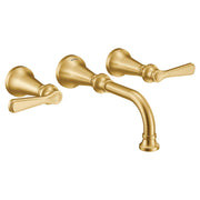 Brushed gold wall-mount bathroom faucet trim with curved spout and two lever handles.