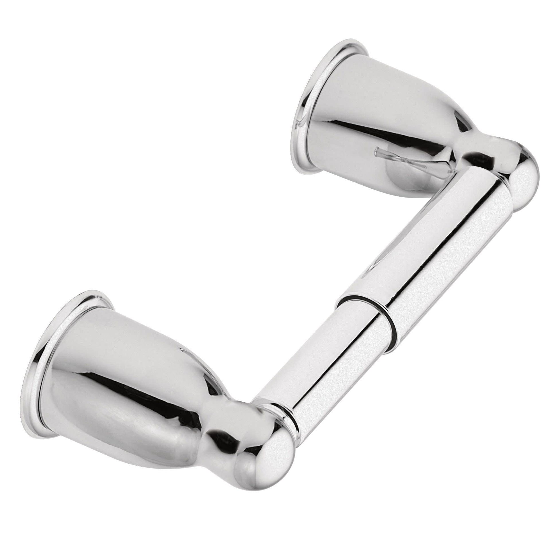 Chrome toilet paper roller with cylindrical mounting flanges and curved arm bar for wall installation.