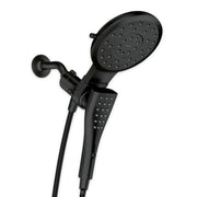 Matte black dual shower head combo with round overhead head and rectangular handheld unit connected by hose.