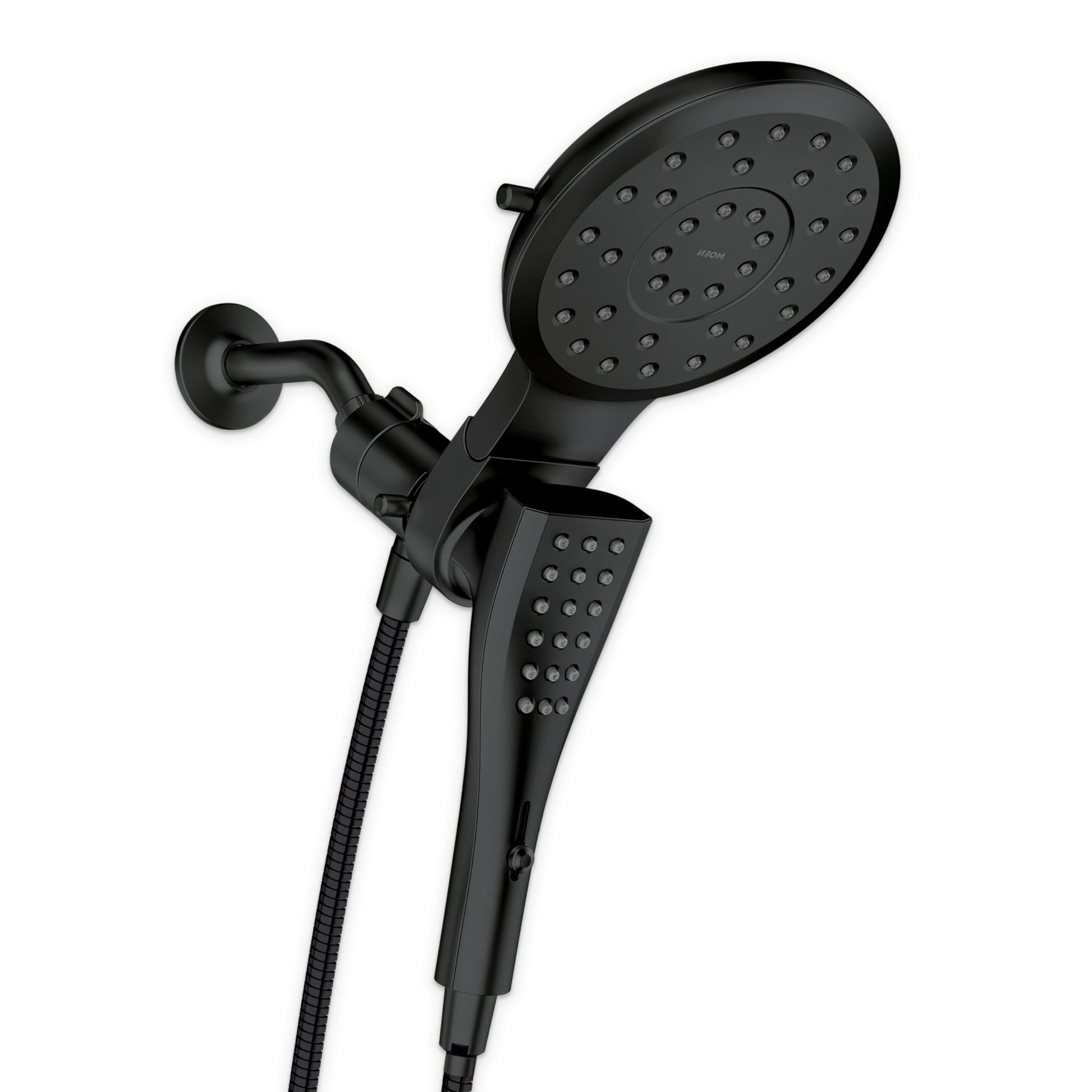 Matte black dual shower head combo with round overhead head and rectangular handheld unit connected by hose.