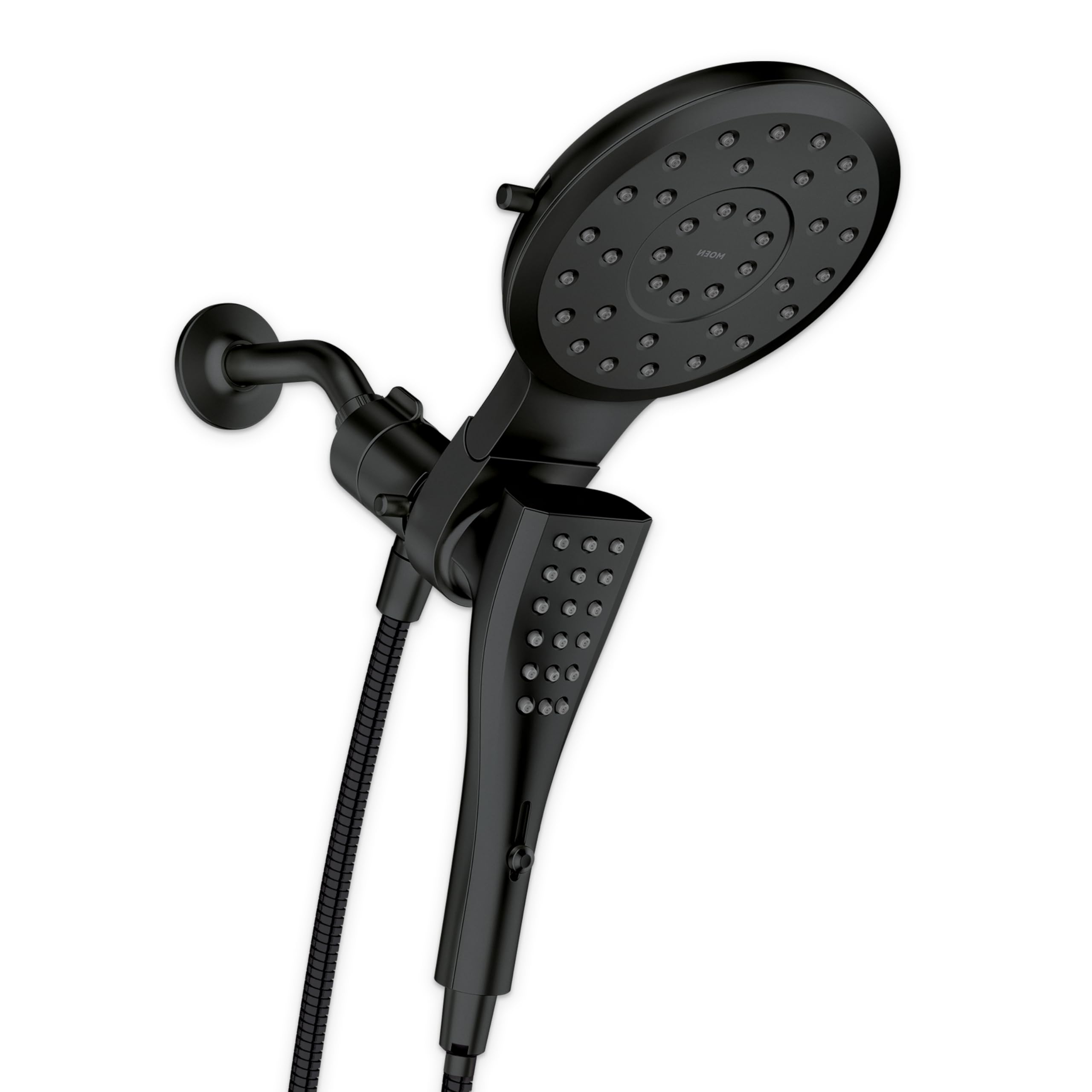Matte black dual shower head combo with round overhead head and rectangular handheld unit connected by hose.