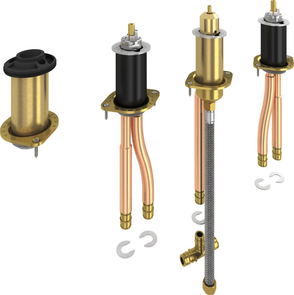 Four brass and black plumbing rough-in valve bodies with copper and braided supply lines and mounting clips.