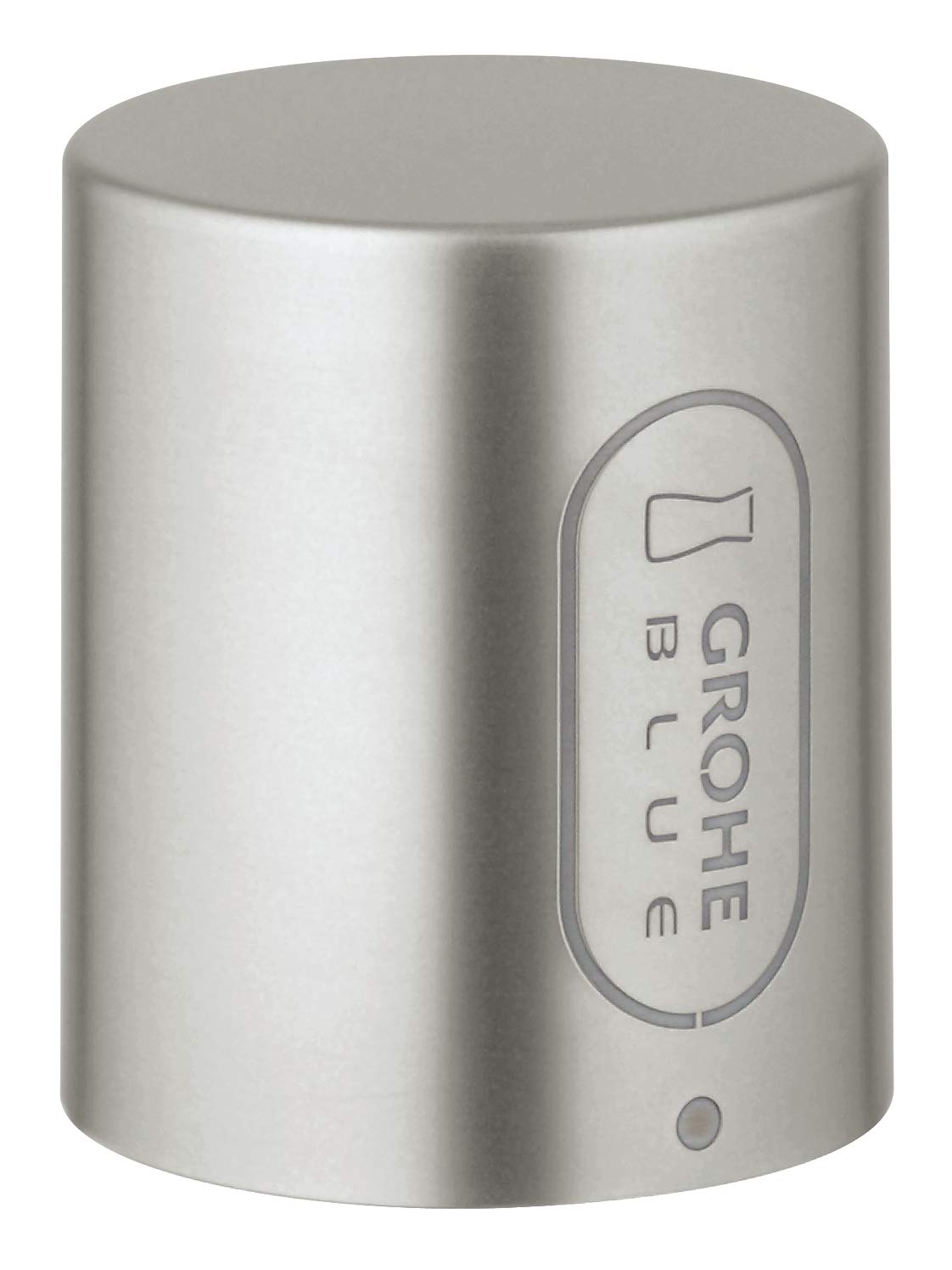Cylindrical stainless steel faucet handle with Grohe Blue branding and control markings on front surface.