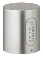 Cylindrical stainless steel faucet handle with Grohe Blue branding and control markings on front surface.
