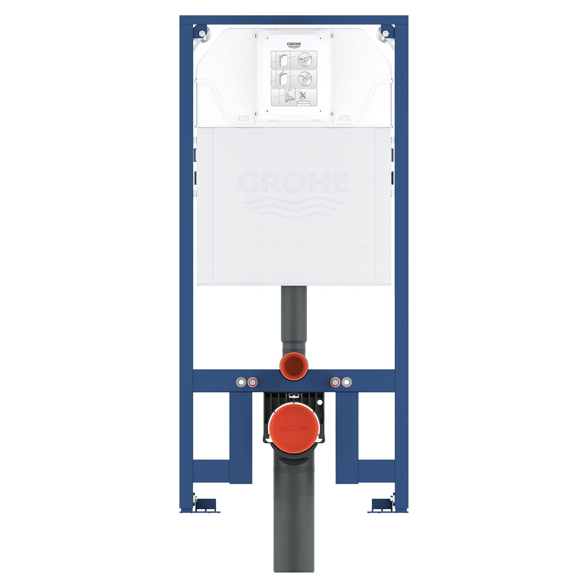 Grohe Rapid SL slim in-wall toilet carrier with blue steel frame, white cistern, and red valve connections, front view.