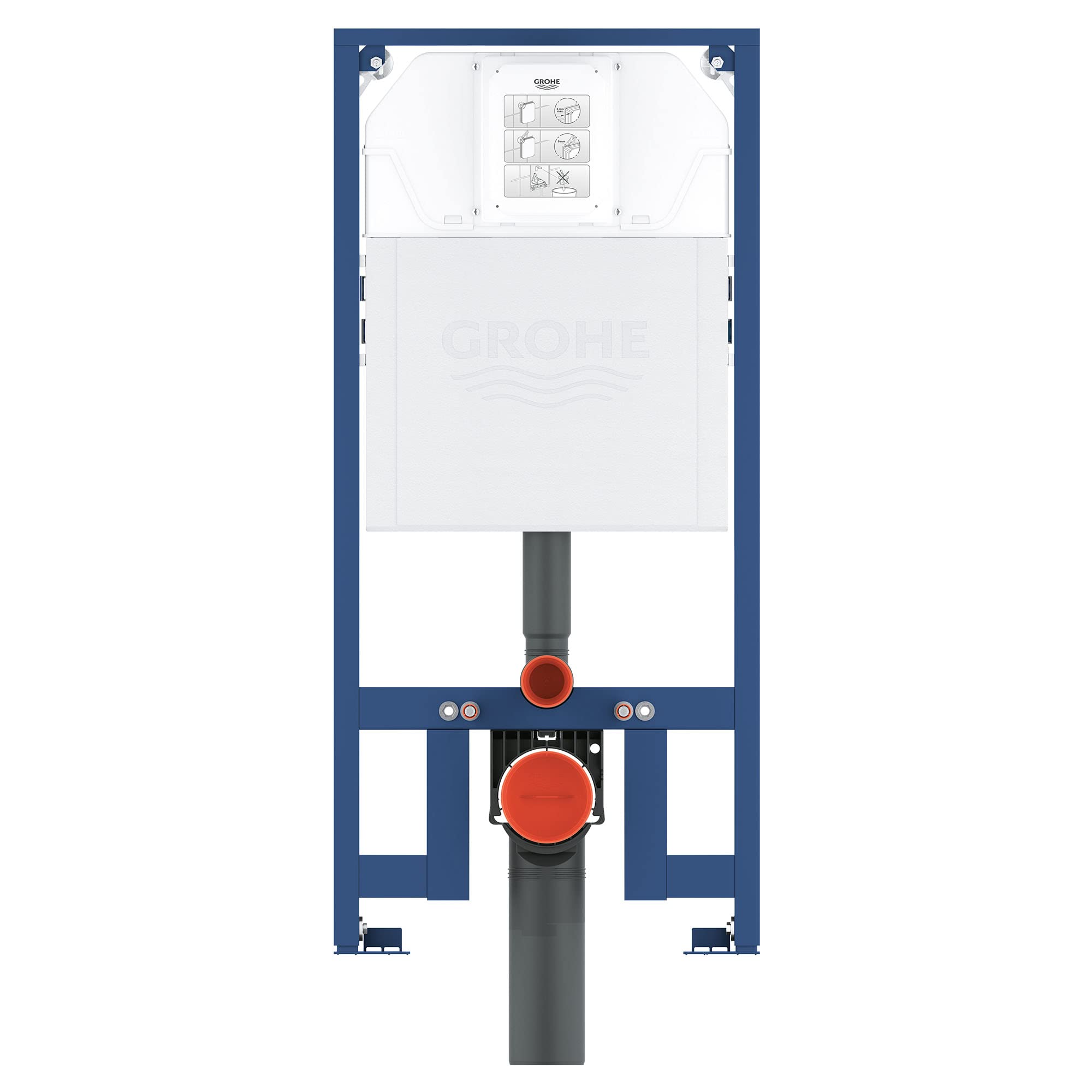 Grohe Rapid SL slim in-wall toilet carrier with blue steel frame, white cistern, and red valve connections, front view.