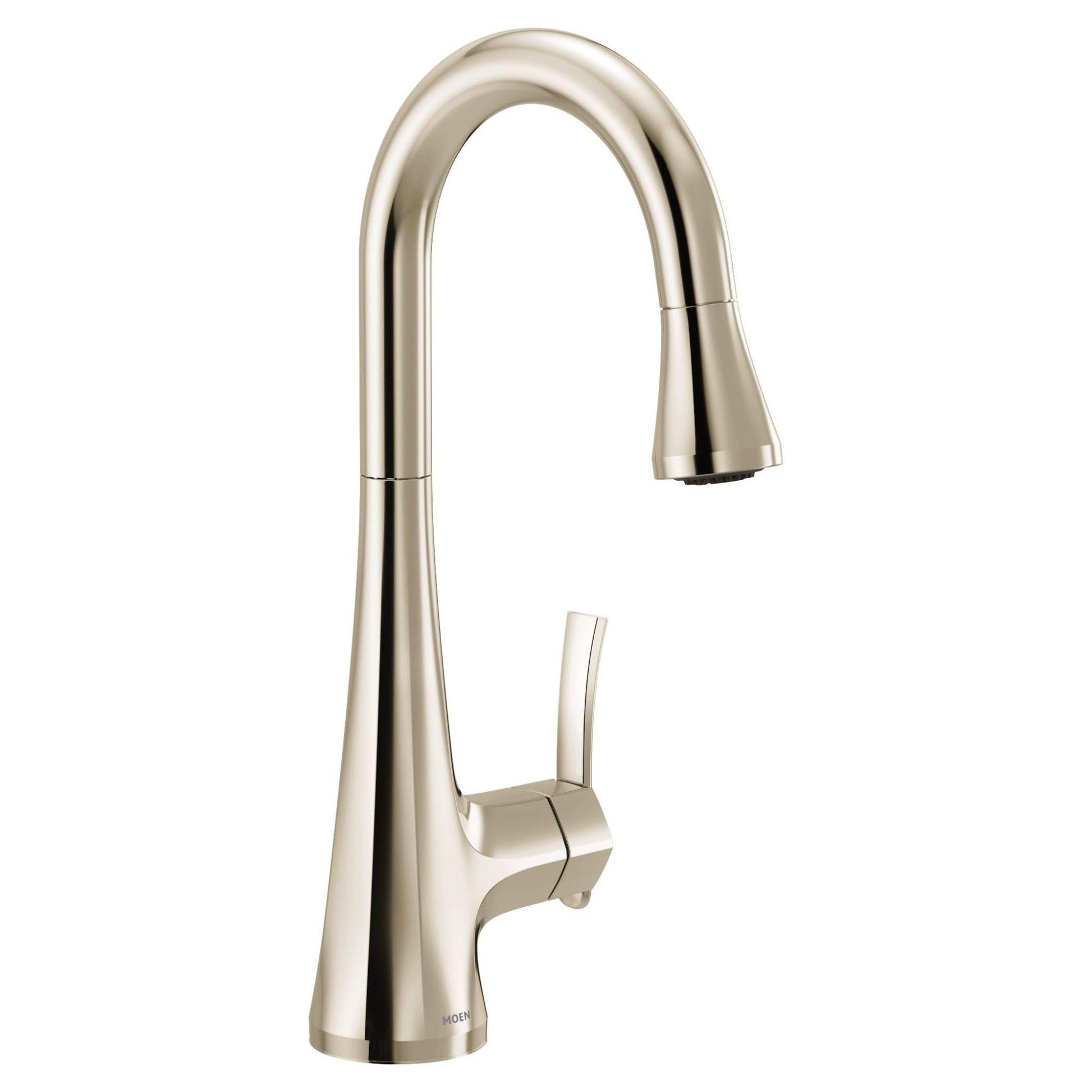 Polished nickel single-handle bar faucet with high arc spout and pulldown spray head.