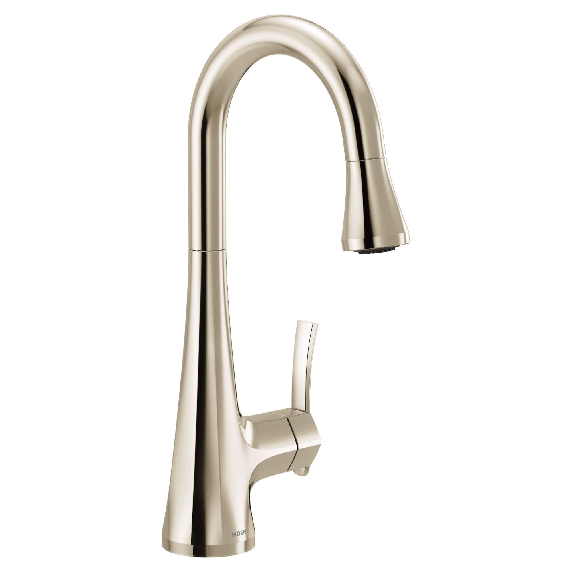Polished nickel single-handle bar faucet with high arc spout and pulldown spray head.
