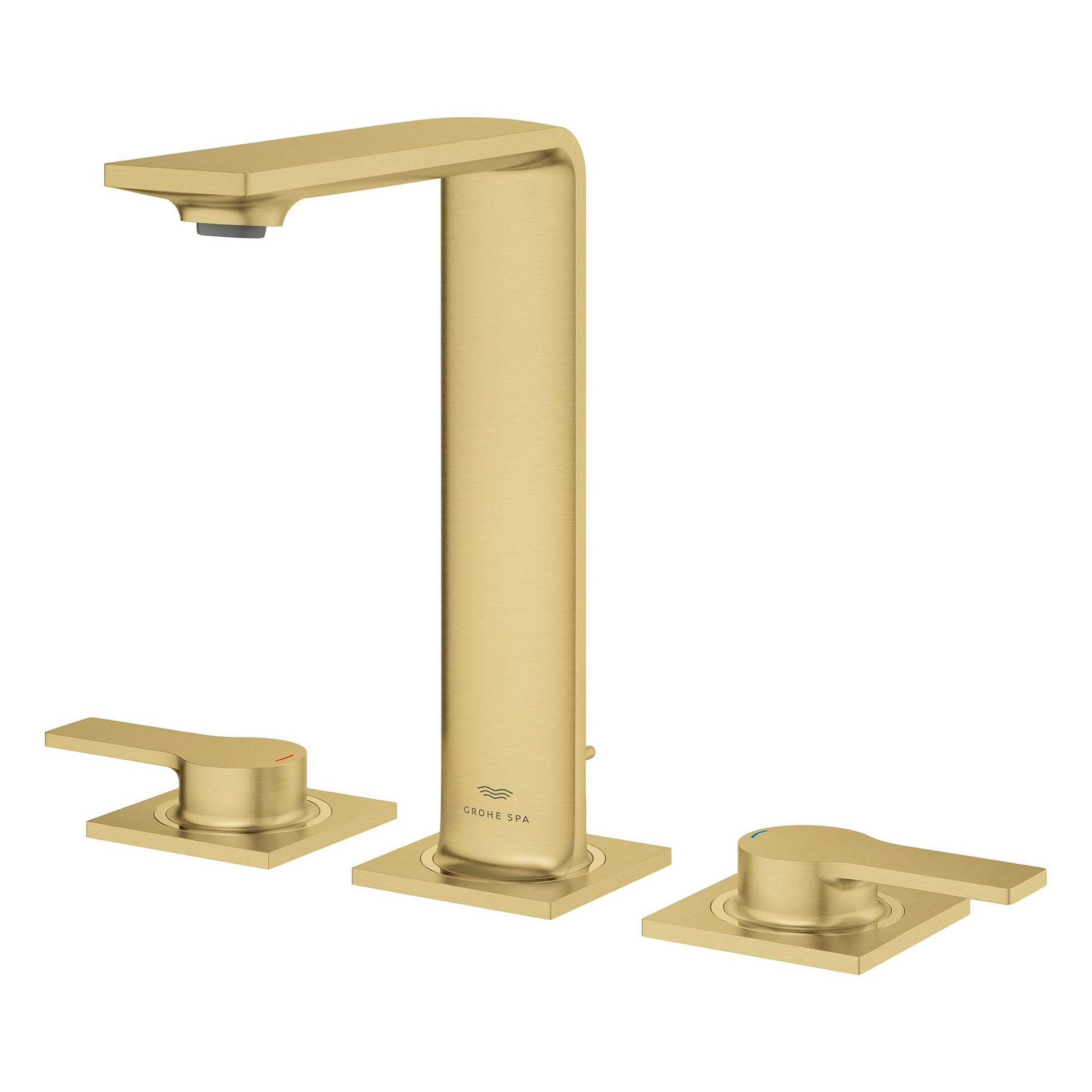 Grohe Allure brushed gold widespread bathroom faucet with tall curved spout and two round handles on square bases.