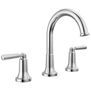 Chrome three-piece bathroom faucet with arched spout and two lever handles on circular bases.