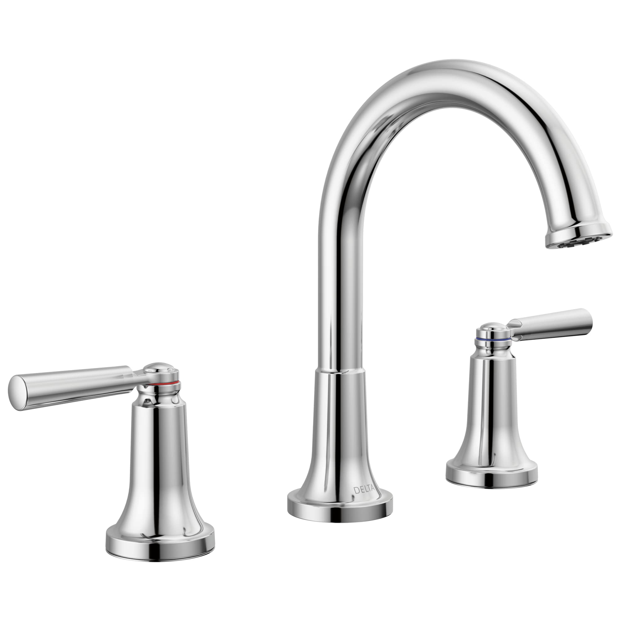 Chrome three-piece bathroom faucet with arched spout and two lever handles on circular bases.